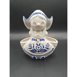 Vintage Girl Delft Blue Style Planter or Utensil Holder Hand Painted Ceramic